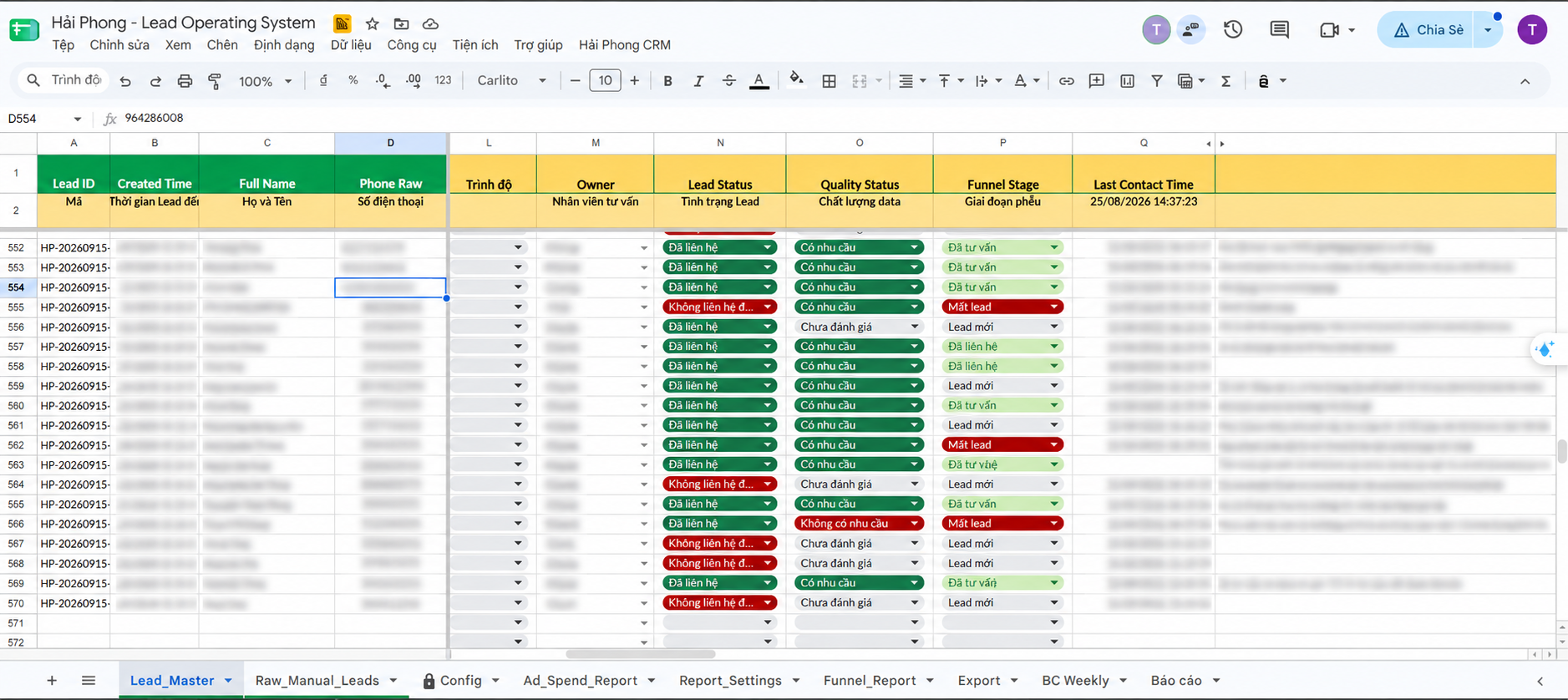 Hai Phong Connect custom Mini CRM with anonymized lead operations data