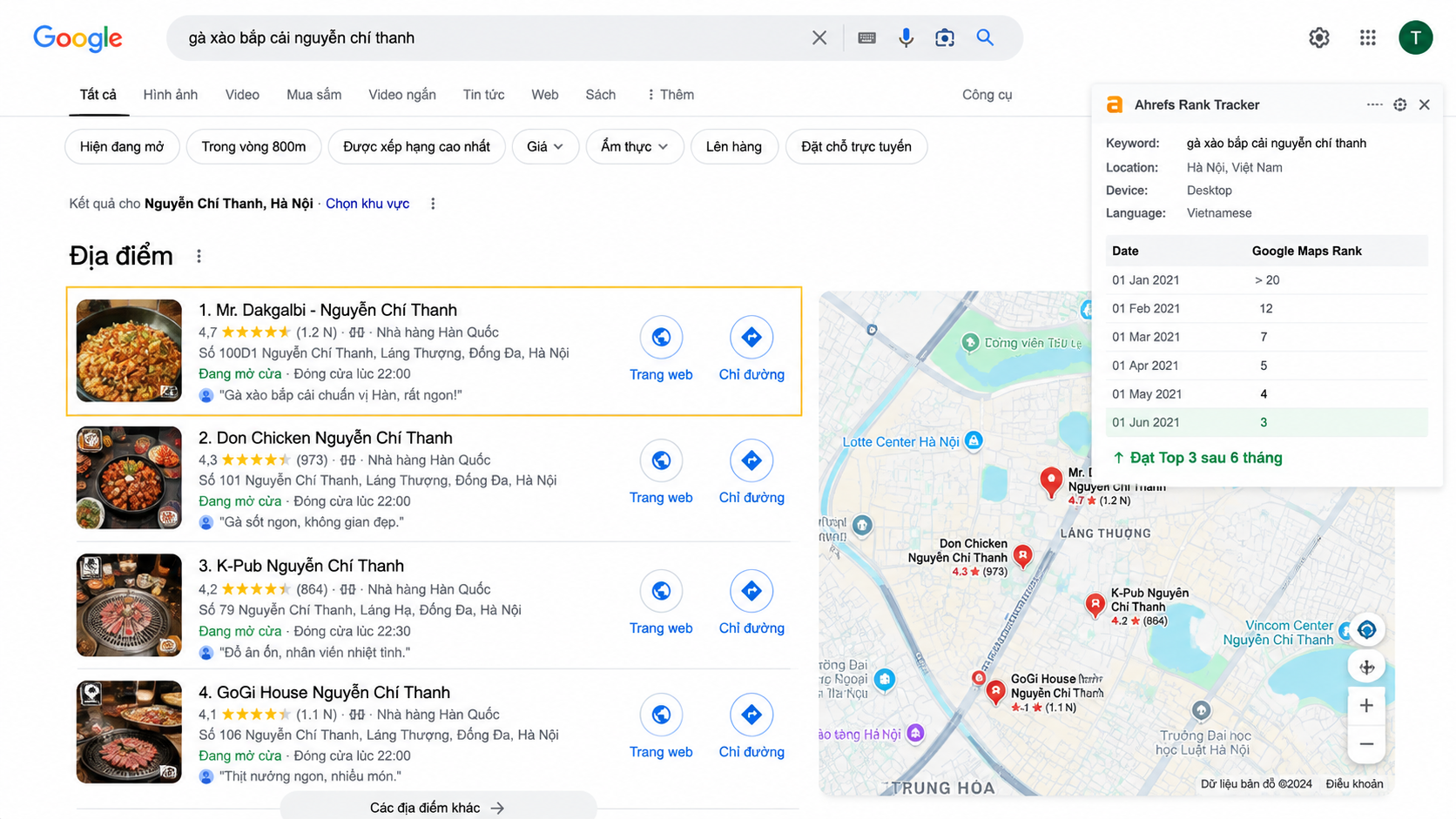 Google Maps local search result for a restaurant client managed during Ethan Dao's time at VICI Agency